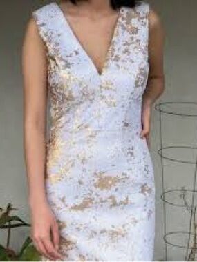 Dress the Population White and Gold V-Neck Sequined Midi Dress